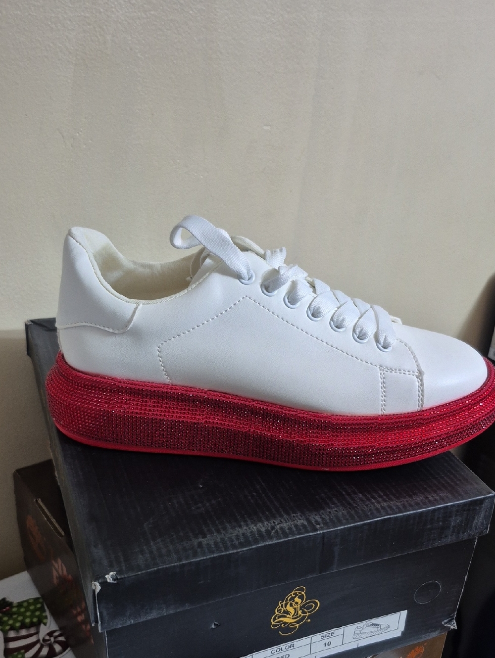 White Women's Platform Sneaker with Red Rhinestone Sole